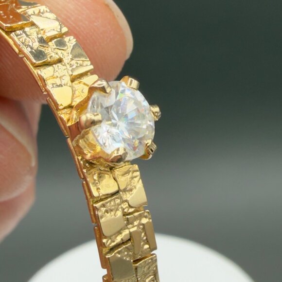 Vintage Gold Tone Textured Nugget Link Necklace Bracelet Set Crystal Accent - Picture 10 of 12